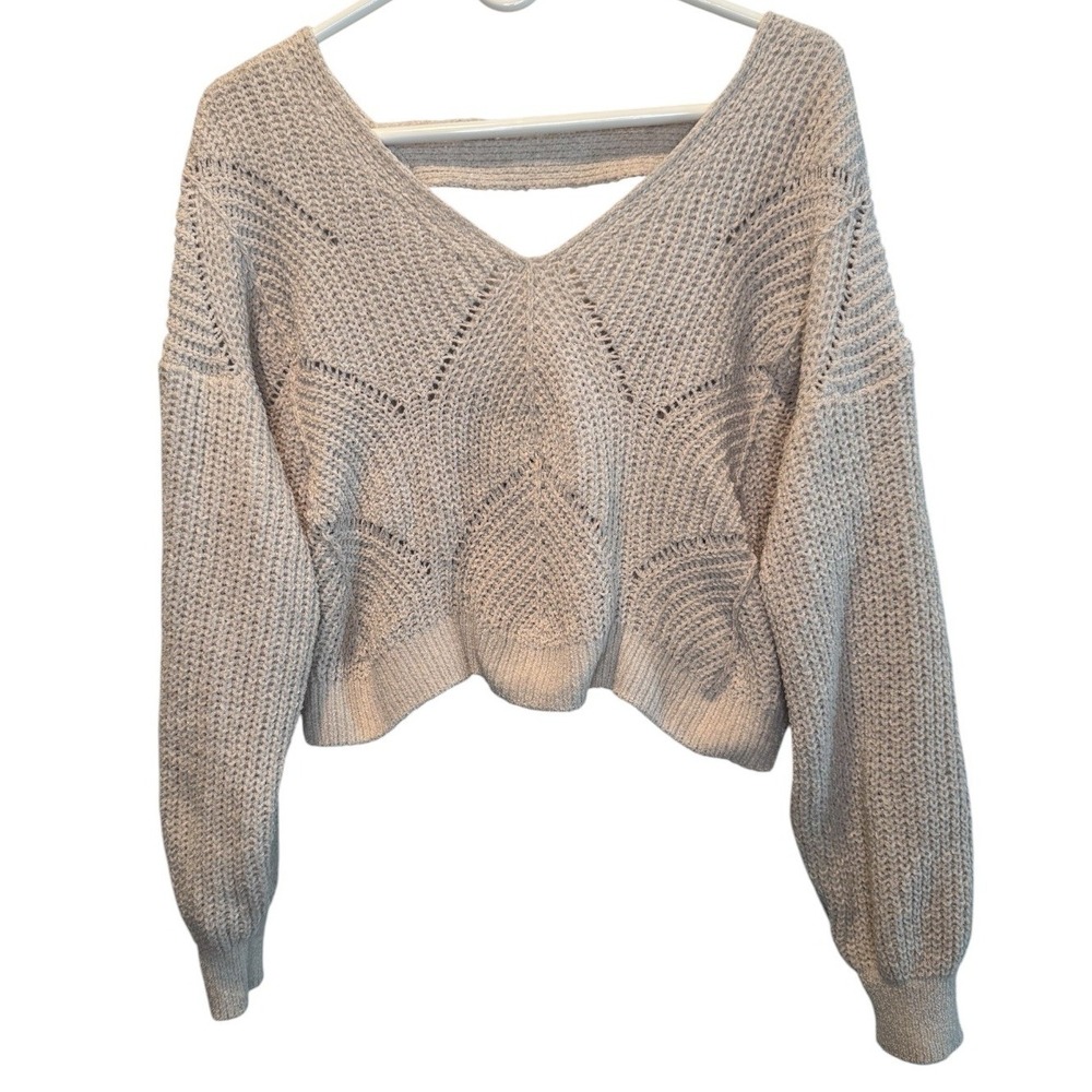 Pink Rose Womens Beige Cutout Back Pointelle Knit Magic Stone Sweater S NEW